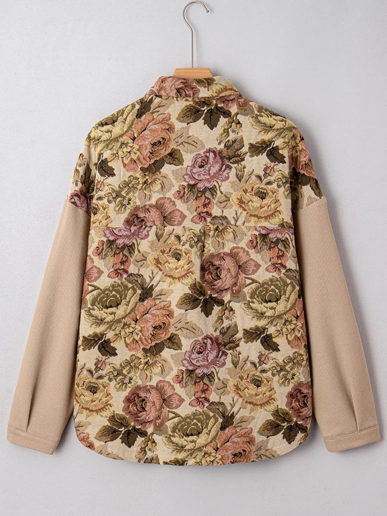 Floral Waffle Knit Patchwork Chest Pockets Buttoned Jacket OutfitFlow