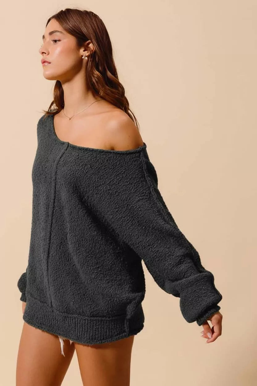 SO ME Loose Fit Exposed Seam Slouchy Boucle Sweater Trendsi