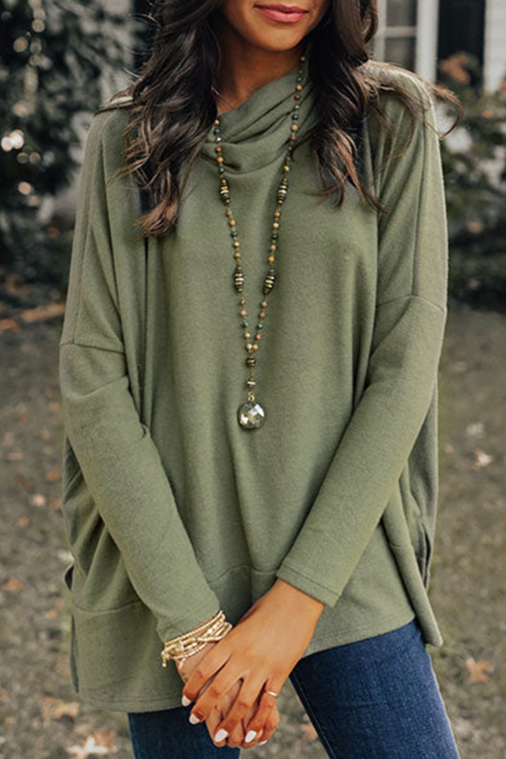 Outfit Flow - Side Slit High-Low Cowl Neck Long Sleeve Blouse