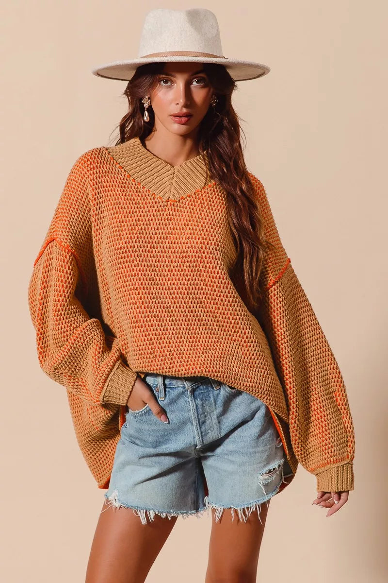 SO ME Oversized Two Tone Textured V Neck Sweater OutfitFlow