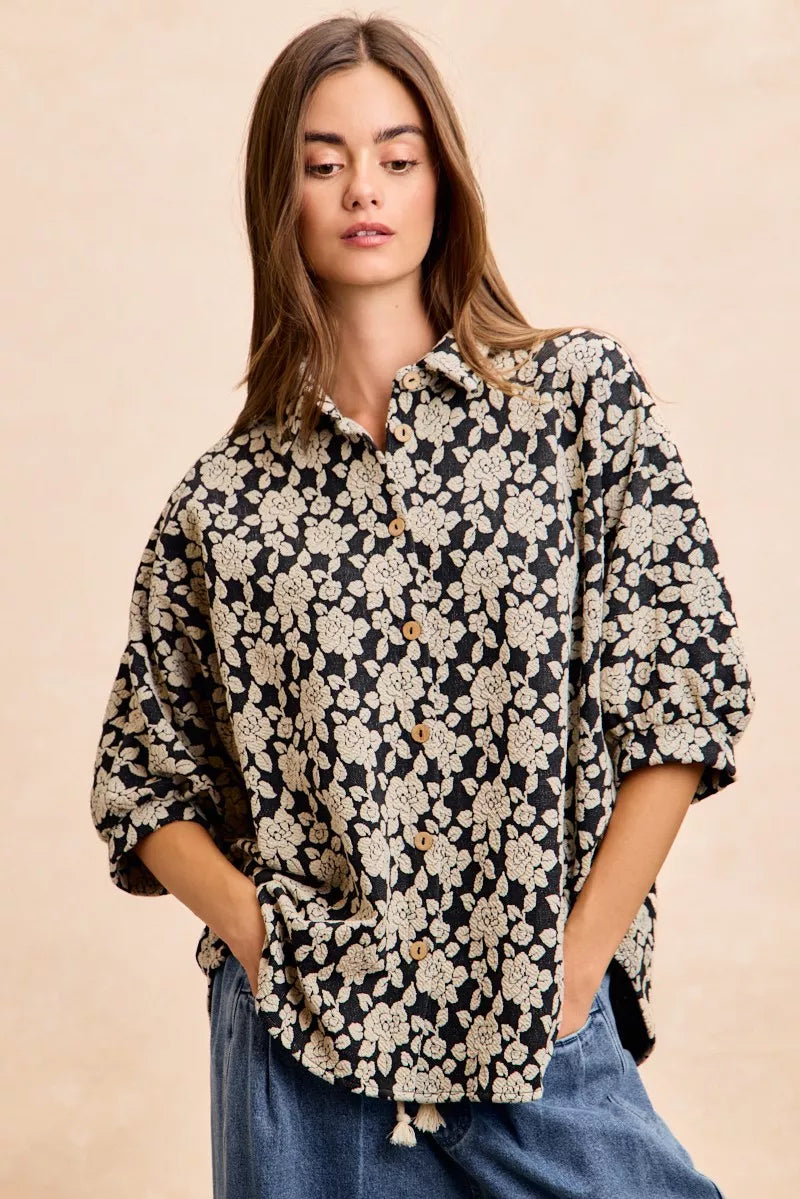 BiBi Floral Jacquard Short Dolman Sleeves Shirt OutfitFlow