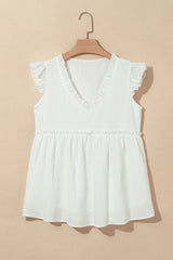 Ruffled Trim V Neck Flutter Flowy Top OutfitFlow