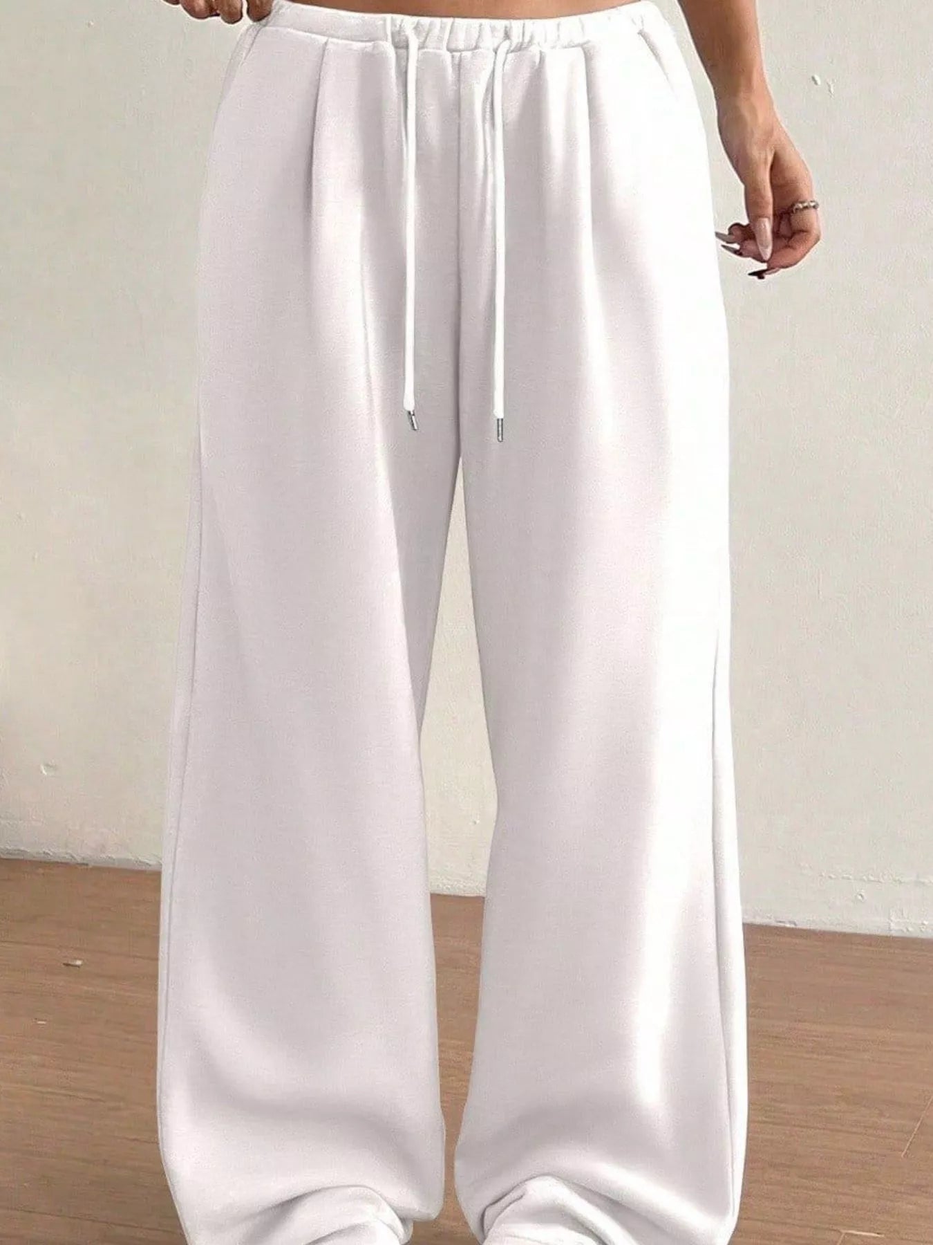 Casual Drawstring High Waist Wide Leg Sweatpants White OutfitFlow