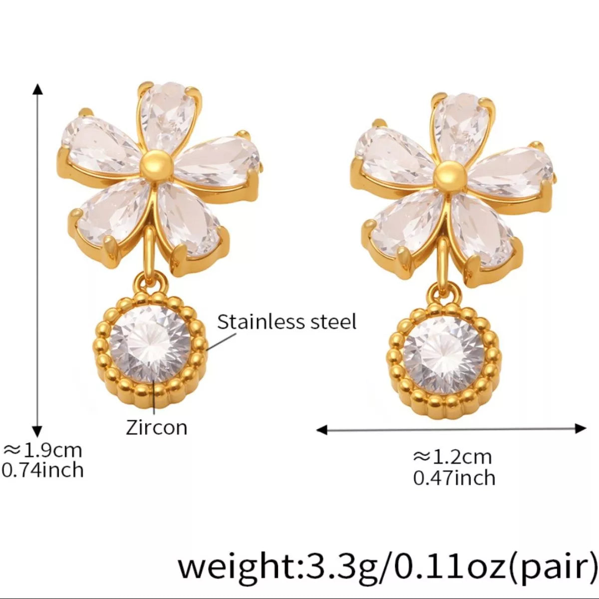 18K Gold-Plated Stainless Steel Zircon Flower Drop Earrings OutfitFlow