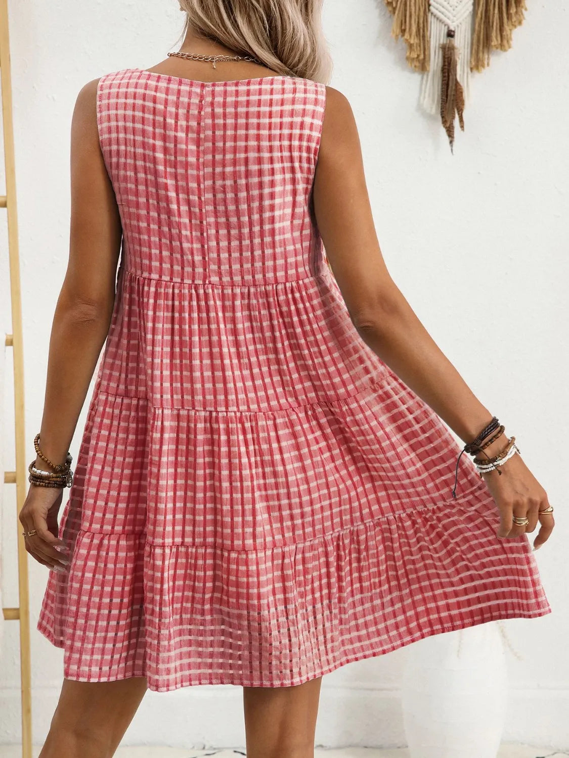 Plaid Round Neck Sleeveless Mini Dress OutfitFlow