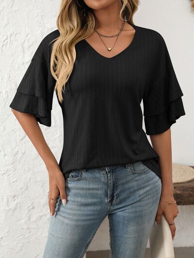Mandy V-Neck Ruffle Half Sleeve Top OutfitFlow