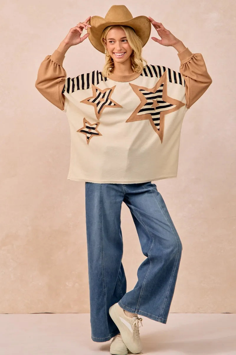 BiBi Star Patchwork Mixed Long Sleeve Top OutfitFlow