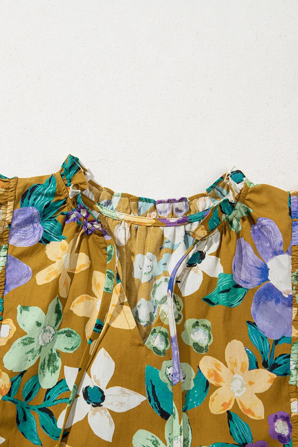 Floral Print Ruffle Cap Sleeve Tie Neck Top OutfitFlow