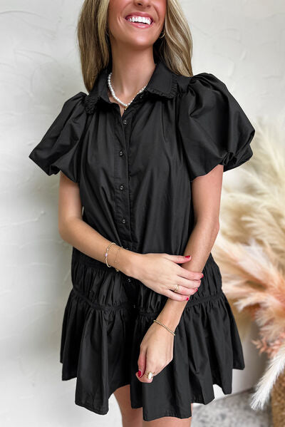 Button Down Puff Sleeve Ruffle Hem Dress OutfitFlow