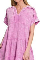 Zenana Washed Double Gauze Raw Edge V-neck Dress OutfitFlow