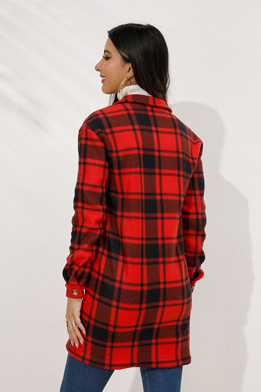 Shiny Plaid Collared Longline Coat Trendsi