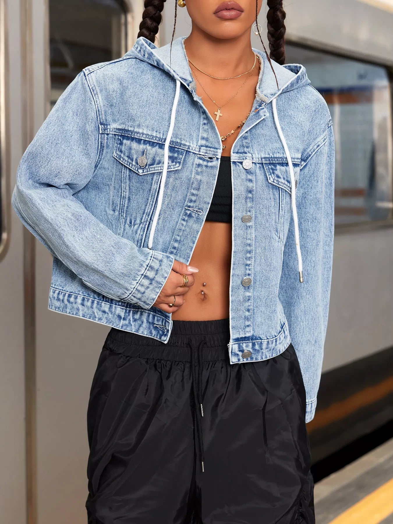 Hooded Drawstring Cropped Denim Jacket Light Blue Trendsi