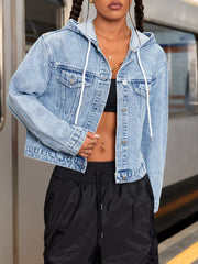 Hooded Drawstring Cropped Denim Jacket Light Blue Trendsi