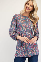 Celeste Full Size Paisley Round Neck Balloon Sleeve Top