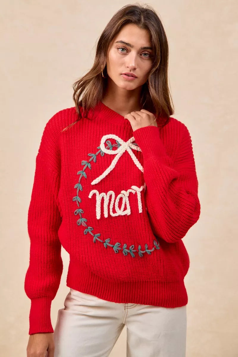 BiBi Christmas Wreath Merry Letter Knit Top OutfitFlow