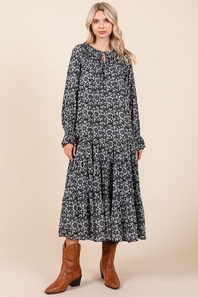 Mittoshop Printed Tie Neck Flounce Sleeve Midi Dress OutfitFlow
