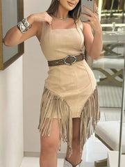 Fringe Square Neck Bodycon Mini Dress Khaki OutfitFlow