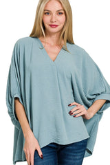 Zenana Woven Airflow V-neck Puff Half Sleeve Top OutfitFlow