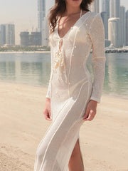 Pearl Detail Long Sleeve Knit Cover Up Dress OutfitFlow