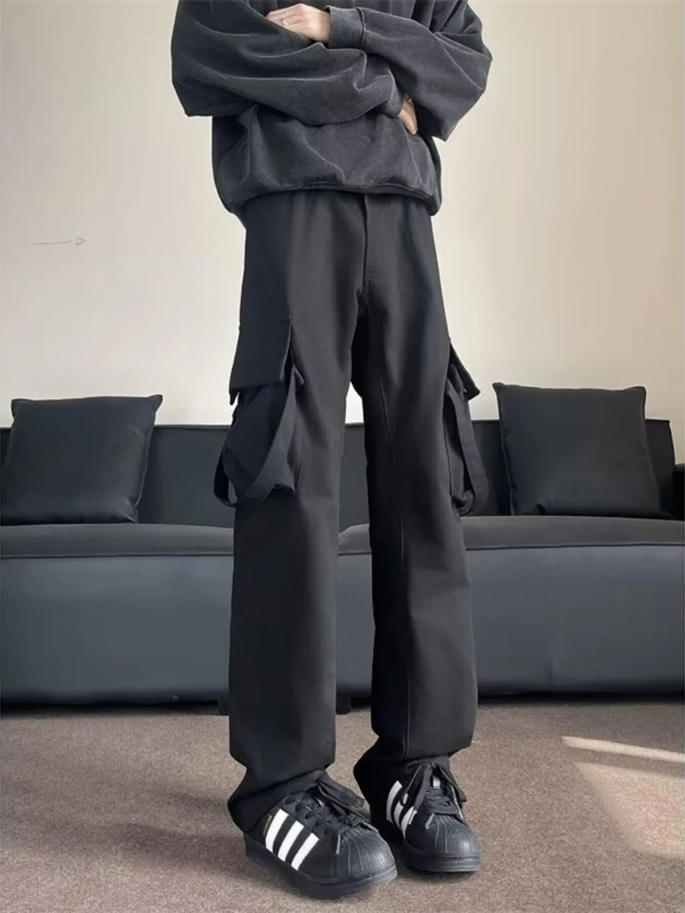 Men's Plus Size Loose Fit Cargo Pants Black Trendsi