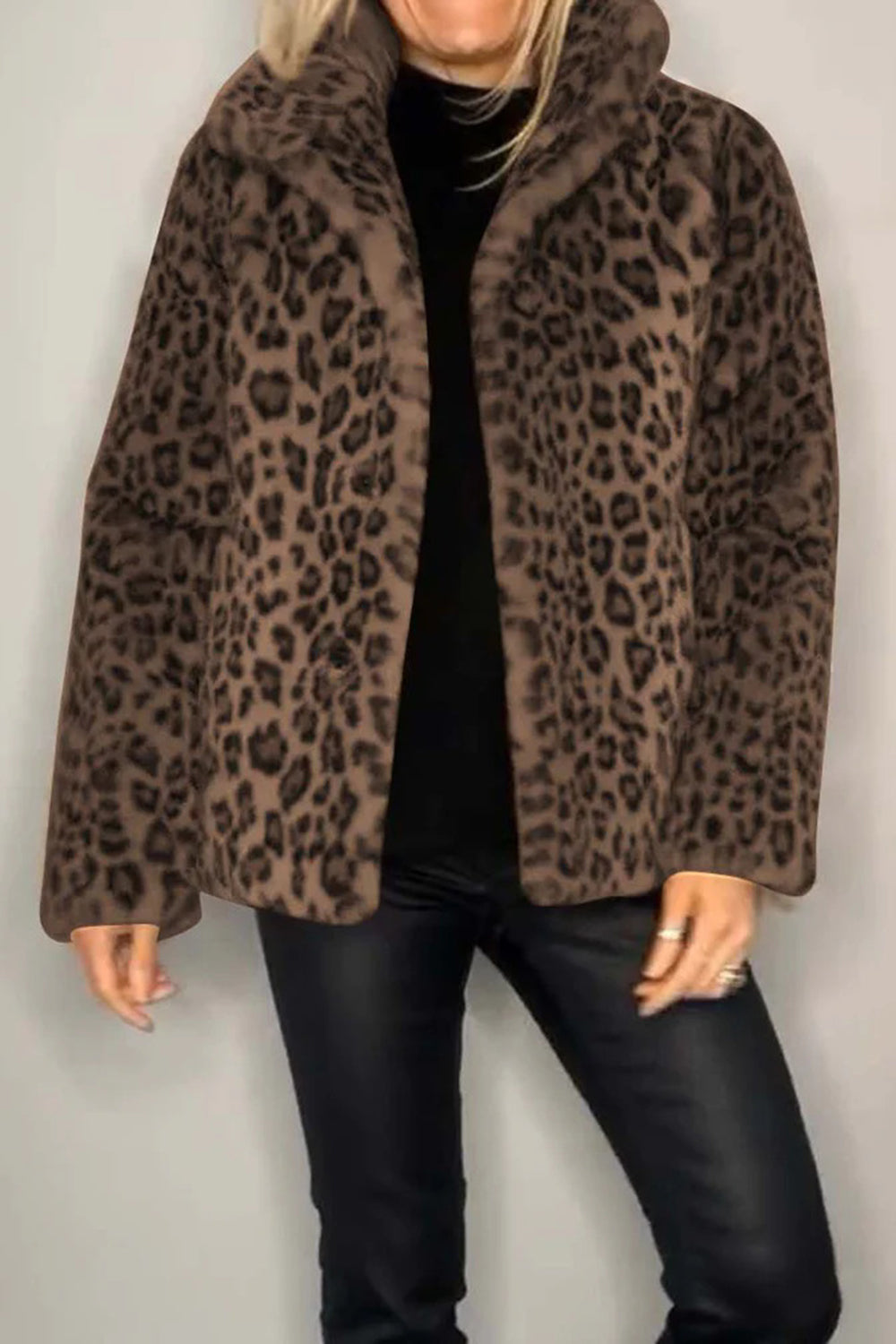 Outfit Flow - Full Size Leopard Furry Collared Neck Long Sleeve Coat