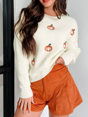 Halloween Pumpkin Embroidered Round Neck Long Sleeve Sweater OutfitFlow