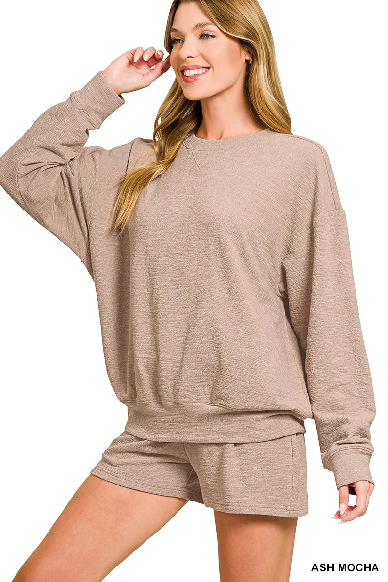 Zenana Slub Long Sleeve Top and Shorts Set ASH MOCHA Trendsi