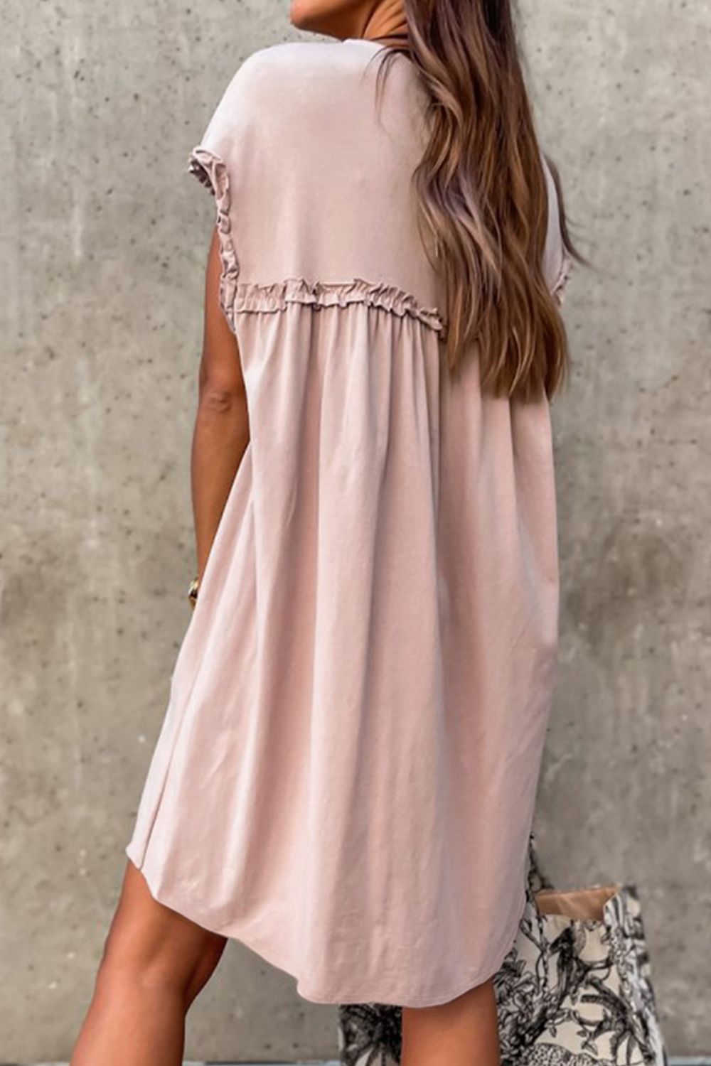 Frilled Trim Crew Neck Cap Sleeve Loose Fit Mini Dress OutfitFlow