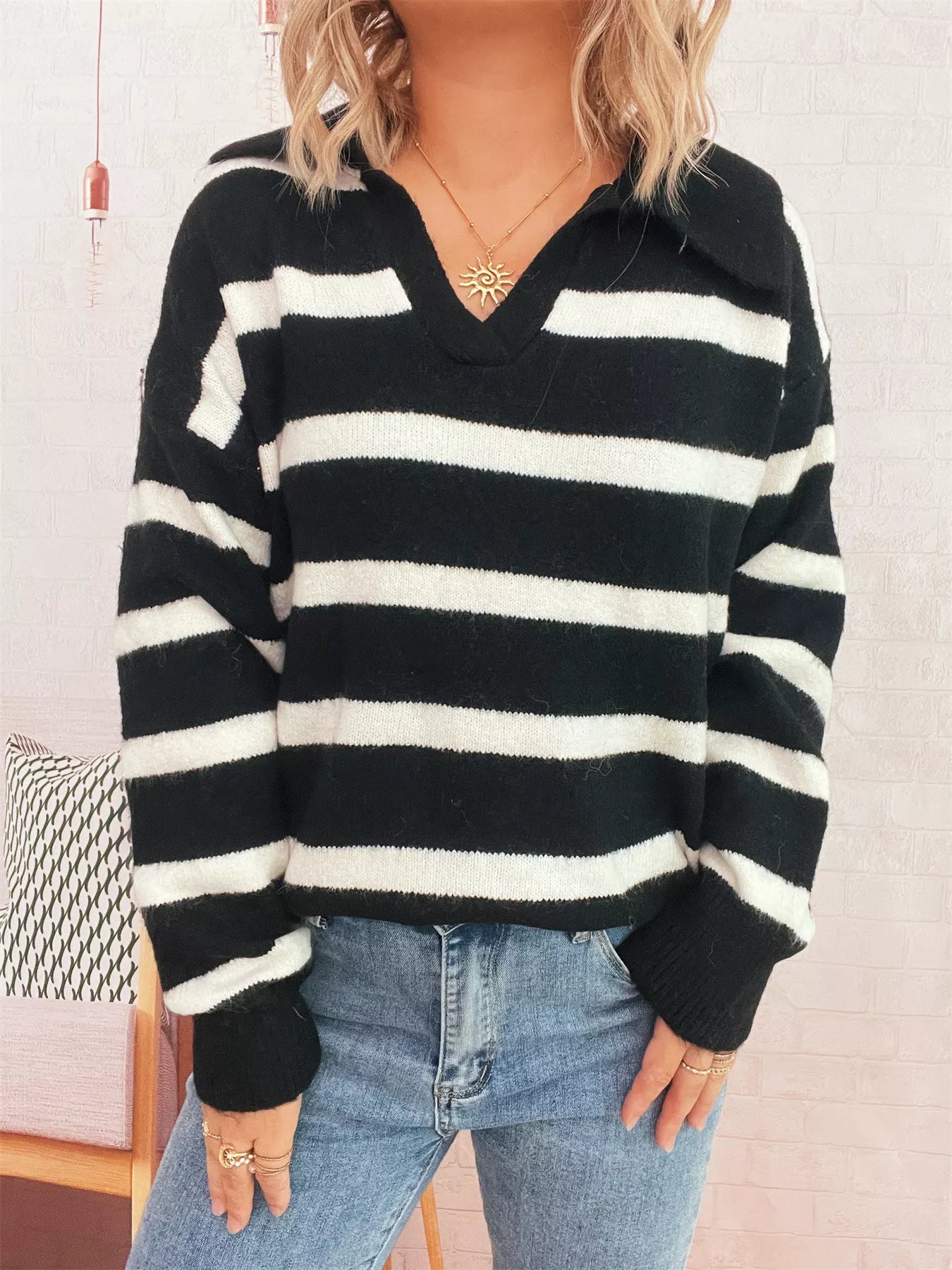 Striped Dropped Shoulder Sweater OutfitFlow
