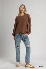 Umgee Linen Long Sleeve Top with Drawstring OutfitFlow