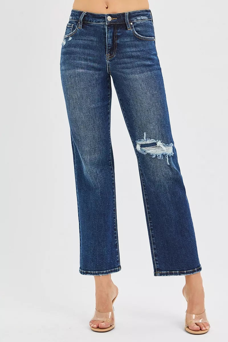RISEN High Rise Crop Slim Straight Jenas with Hidden Knee Patch OutfitFlow