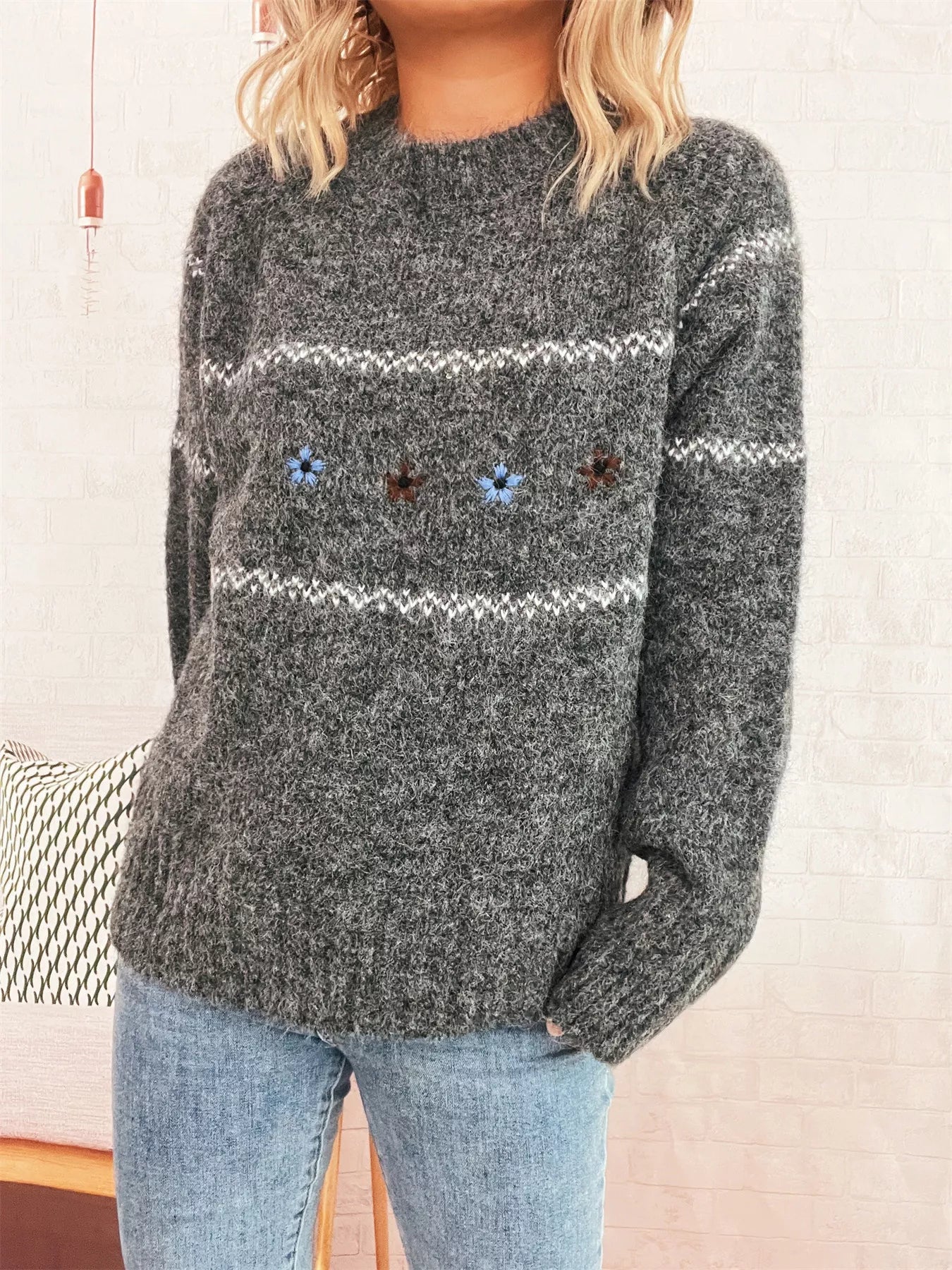 Ribbed Hem Flower Long Sleeve Sweater OutfitFlow