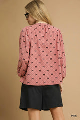 Umgee Corduroy Bow Print Balloon Sleeve Blouse Trendsi
