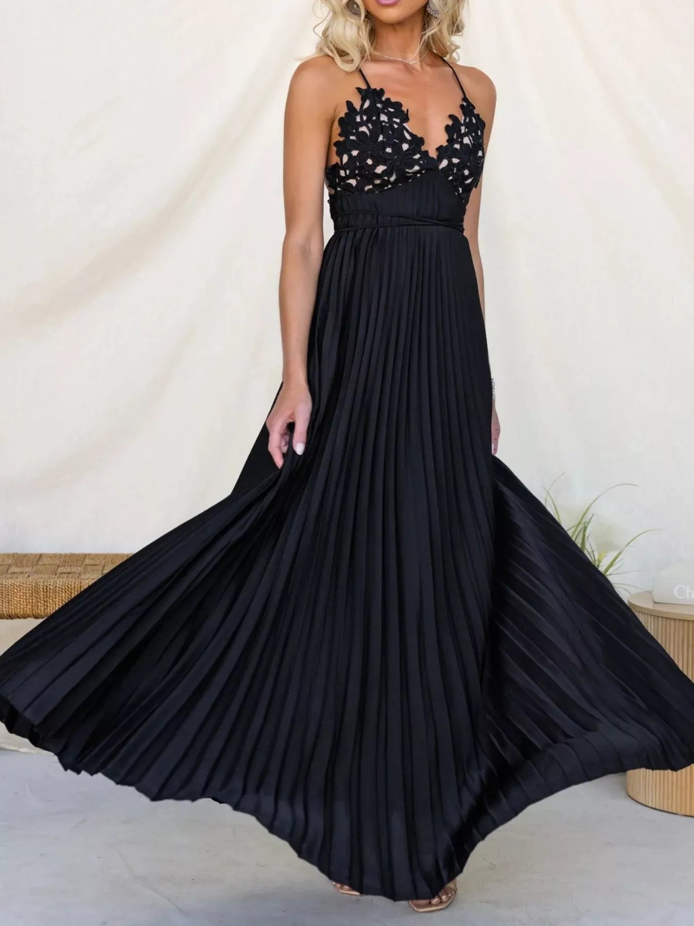 Pleated Backless Maxi Cami Dress OutfitFlow