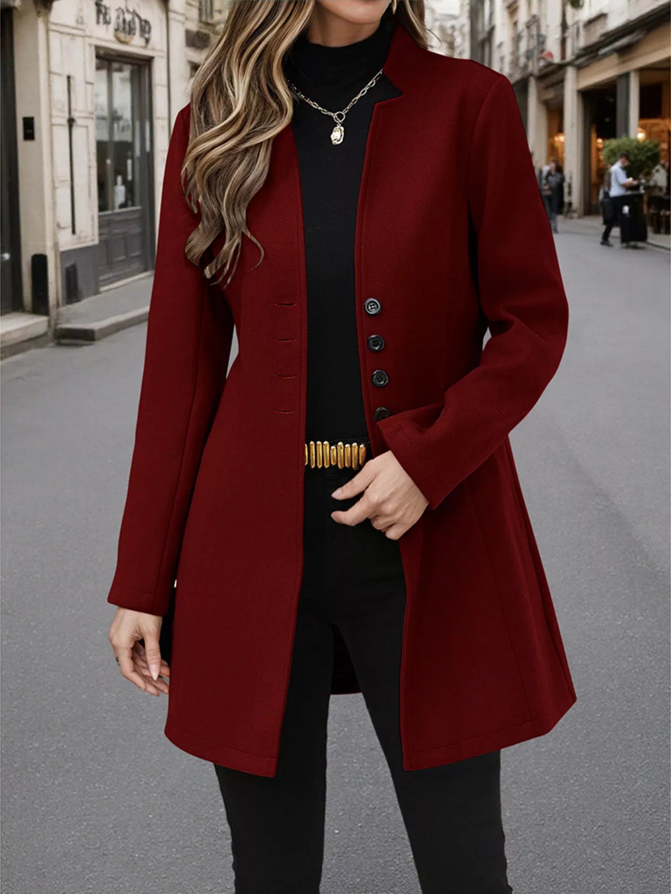 Button Up Long Sleeve Coat Burgundy Trendsi