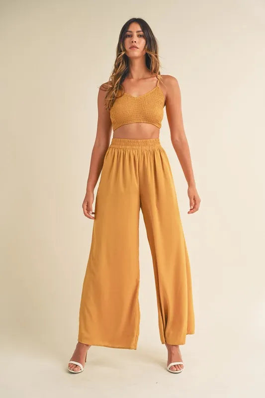 MABLE Smocked Bralette Crop Top and Wide Leg Pants Set OutfitFlow