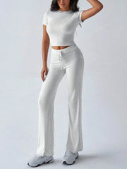Round Neck Short Sleeve Top and Pants Set Light Gray OutfitFlow
