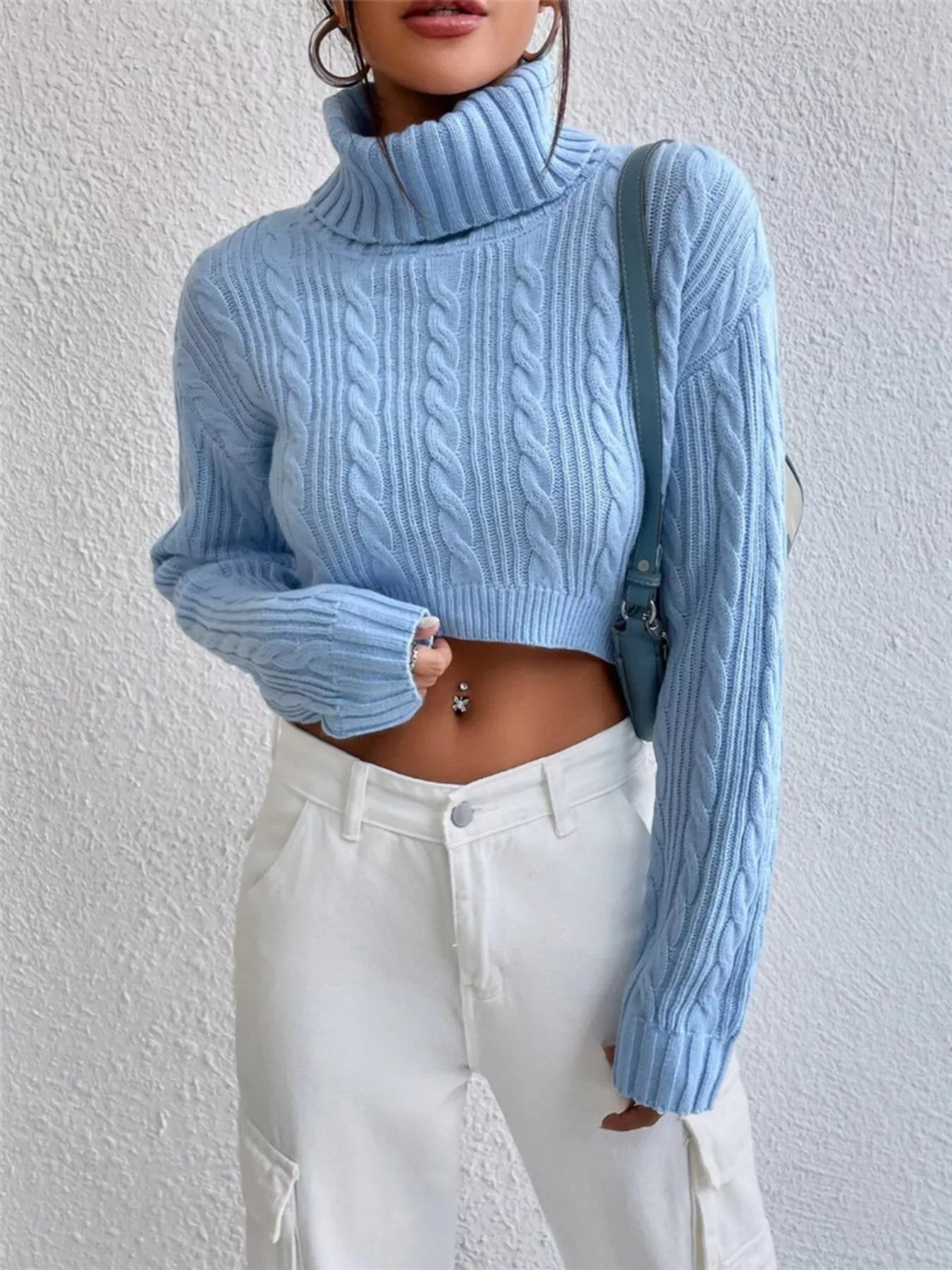 Cable-Knit Turtleneck Long Sleeve Sweater OutfitFlow
