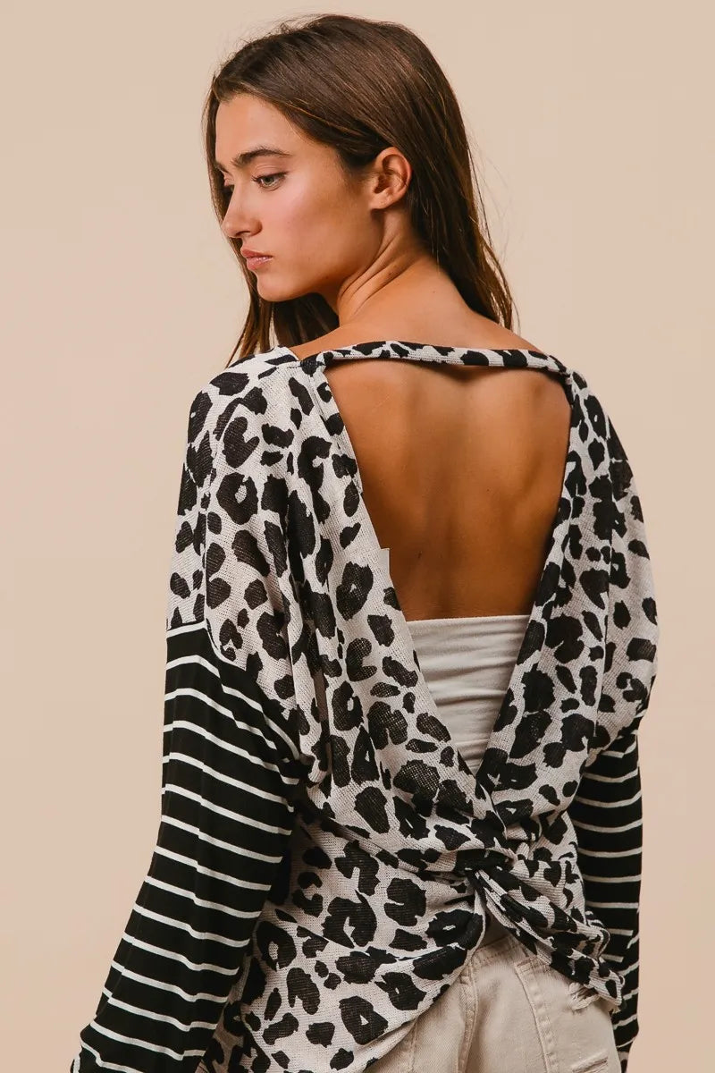 BiBi Leopard Hacci Knit Twist Back Top With Stripe Sleeve OutfitFlow