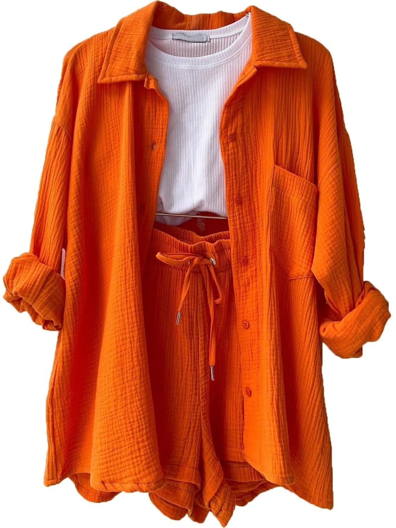 Textured Button Up Shirt and Shorts Set Orange OutfitFlow
