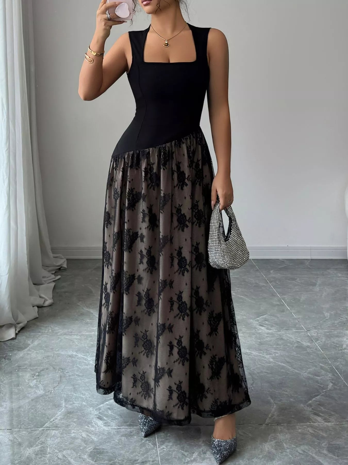 Square Neck Sleeveless Lace Maxi Dress Trendsi