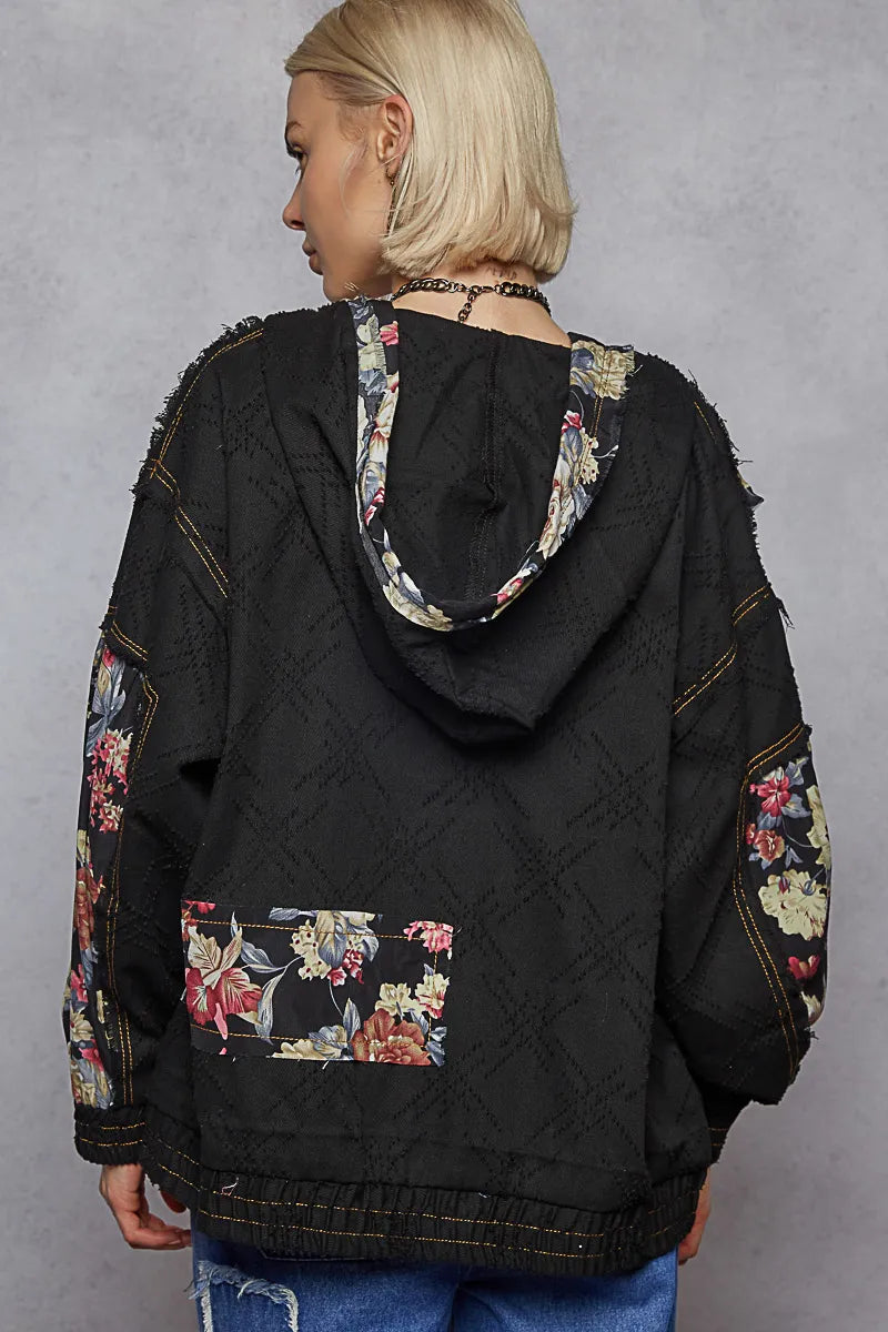 POL Zip Up Floral and Lace Patch Washed Jacket OutfitFlow