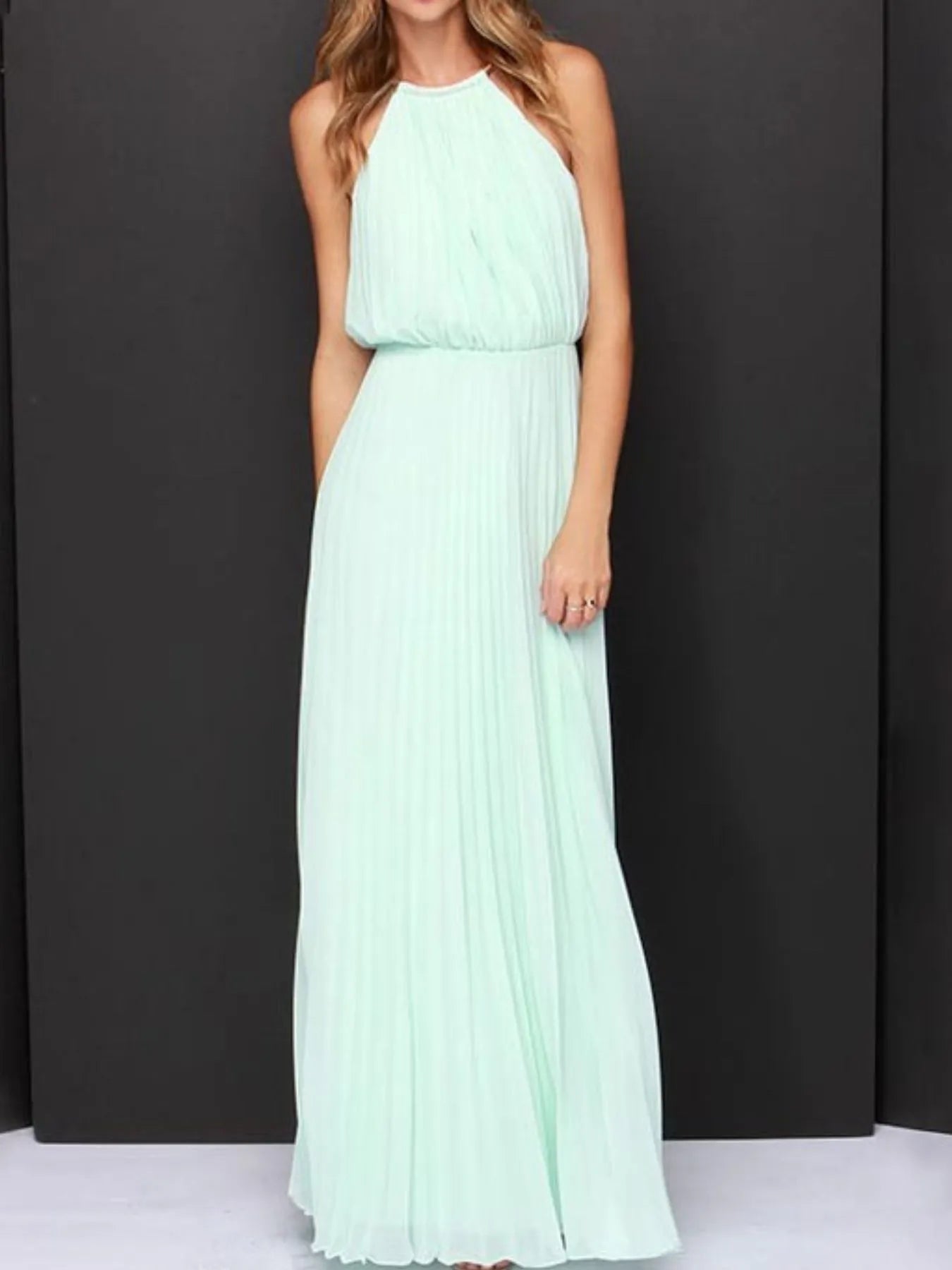 Pleated Sleeveless Maxi Tank Dress Light Green OutfitFlow