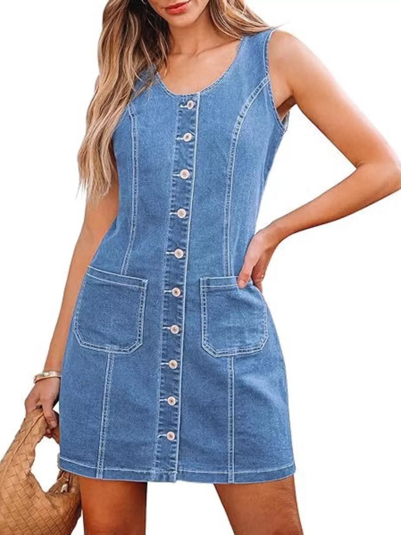 Button-Front Sleeveless Denim Dress Light Blue OutfitFlow