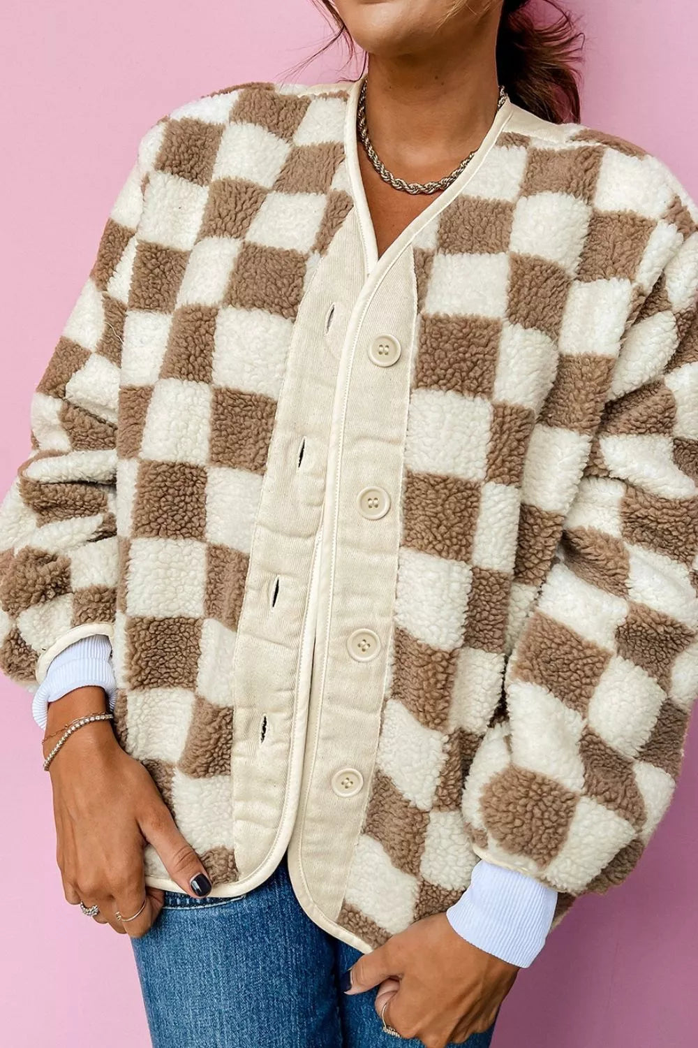 Checkered Sherpa Oversized Button Up Jacket Trendsi