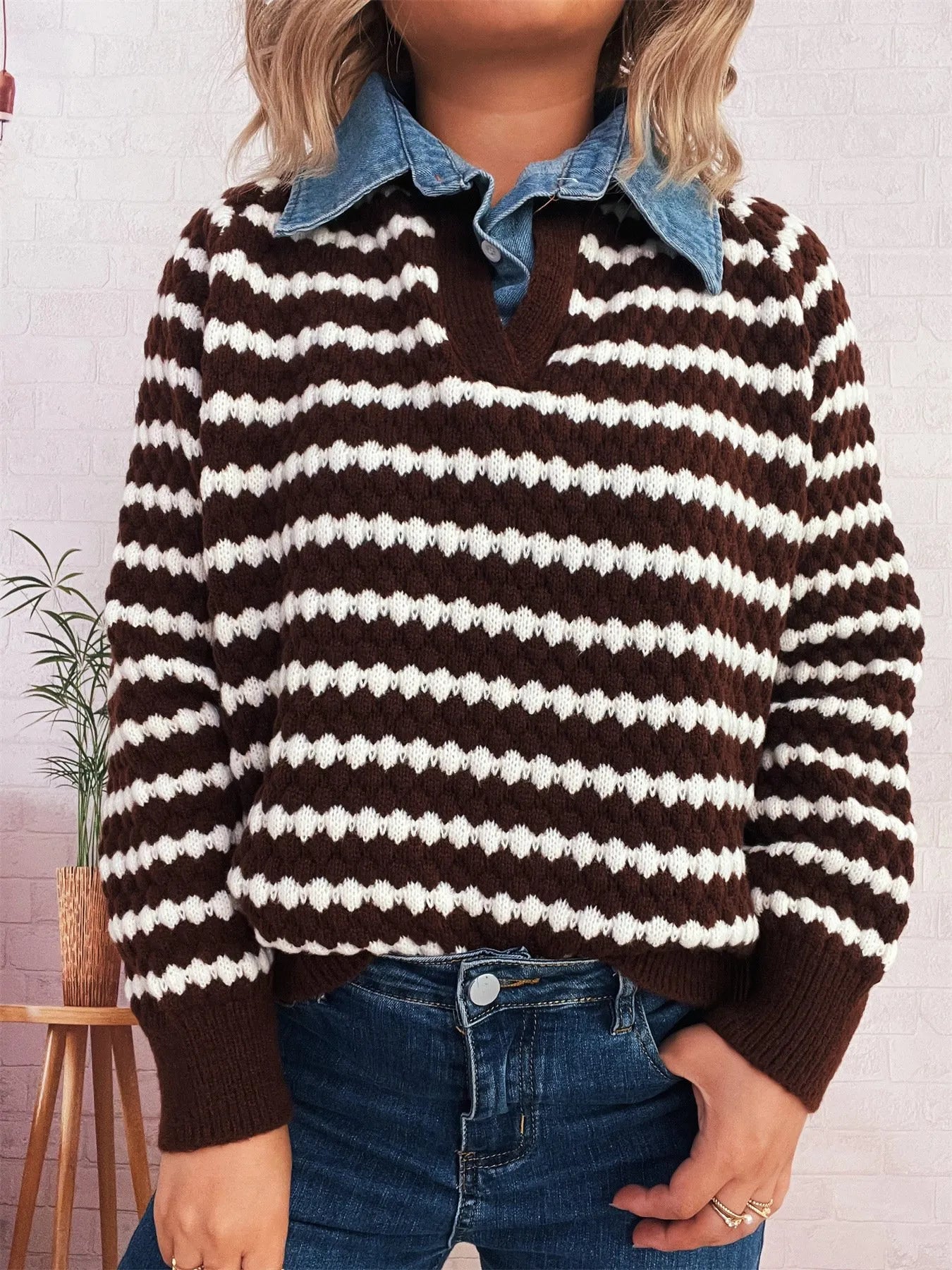 Contrast Striped Sweater with Denim Collar OutfitFlow