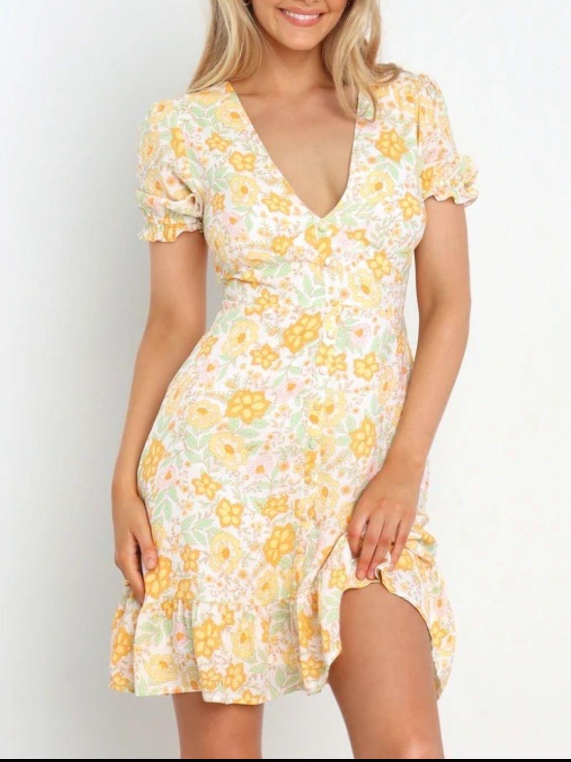 Ruffled Hem Printed Short Sleeve Mini Dress Pastel Yellow OutfitFlow