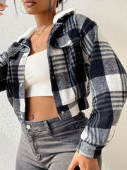 Outfit Flow - Plaid Snap Down Collared Neck Cropped Jacket