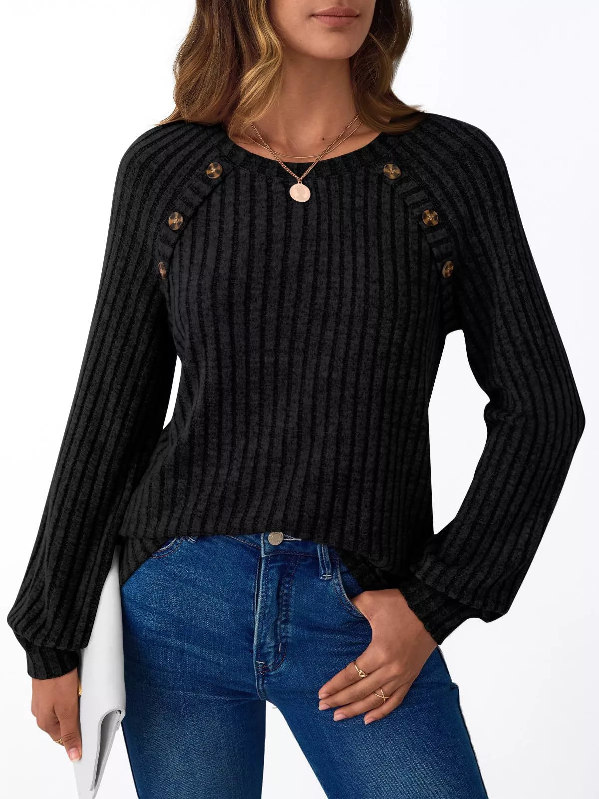 Ribbed Knit Decor Button Long Sleeve T-Shirt OutfitFlow