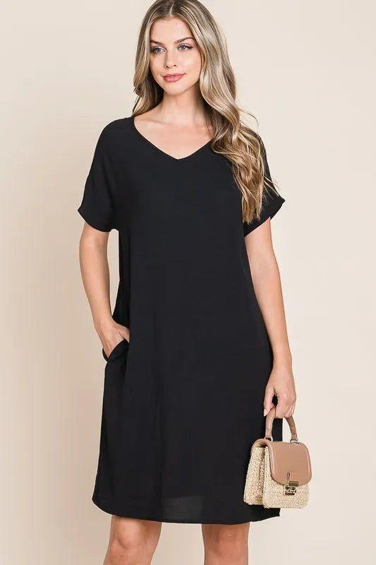 BOMBOM V-Neck Short Sleeve Dress with Pockets OutfitFlow